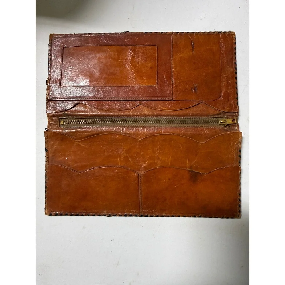 Vintage Hand Tooled Leather Mexico Wallet Aztec Calendar Basketweave Bifold Tan